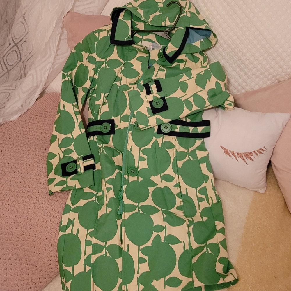 Boden raincoat, green, cream & navy trim, sz. 2